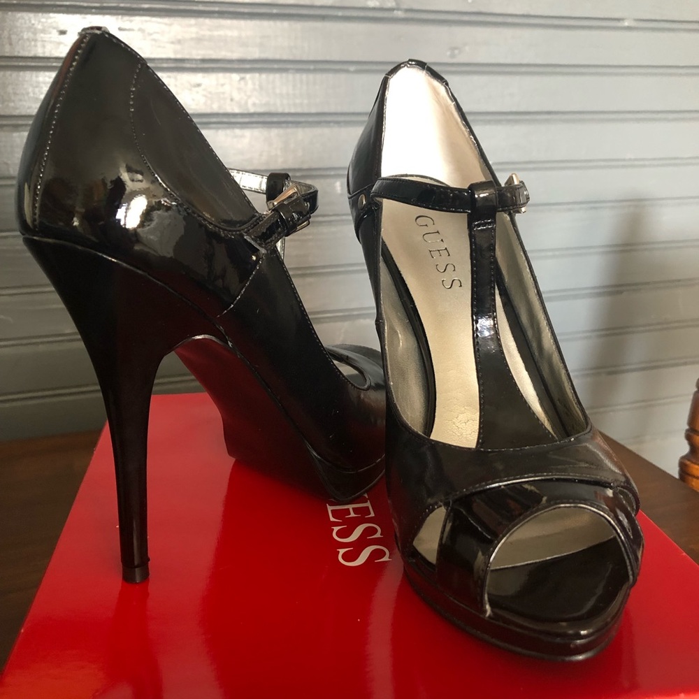 Guess Black Patent Open Toe Pumps